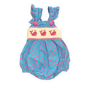 Smocked Auctions (Classic Whimsy) Blue Whale Polka Dot Smocked Bubble Romper 3M